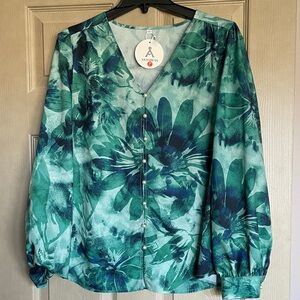 Anvils Teal Floral Button-Up Blouse